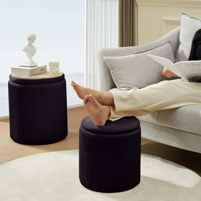 Round Ottoman with Storage Set of 2 Stools